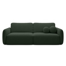 Sofa rozkładana Botse ciemnozielona z pojemnikiem, obłe kształty, boucle