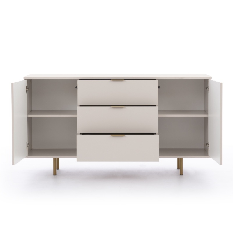 Komoda dwudrzwiowa z szufladami Nubia, ryflowana, beżowa/złote nóżki