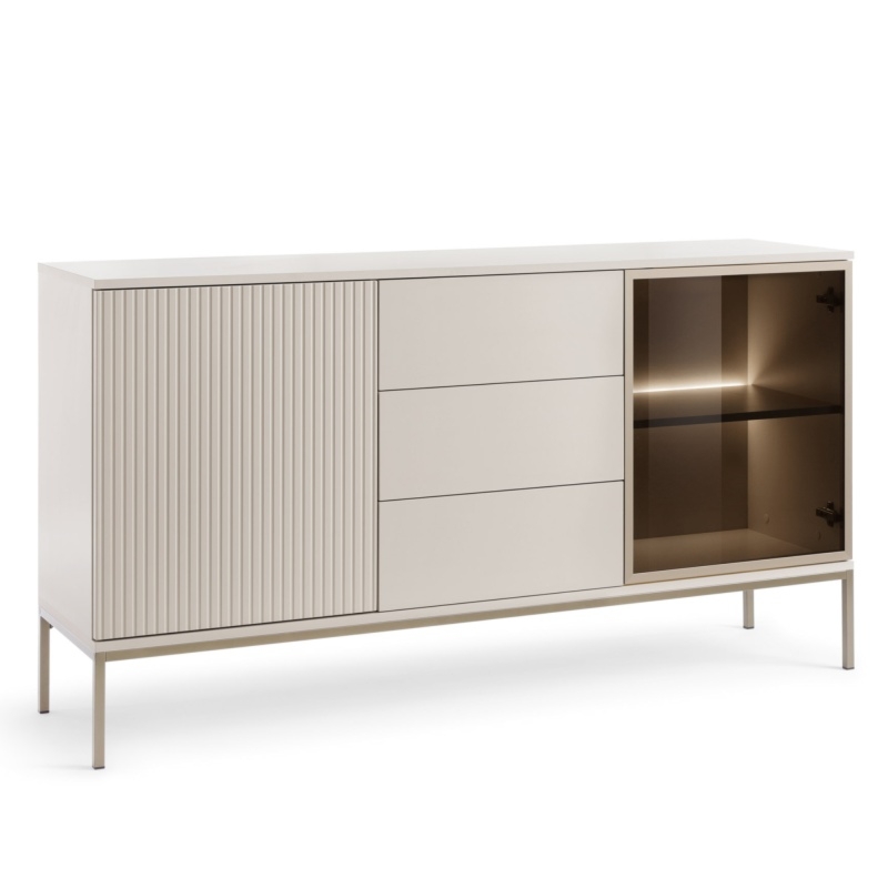 Komoda Sento z frezowanym frontem, szufladami i oświetleniem LED, kaszmirowa