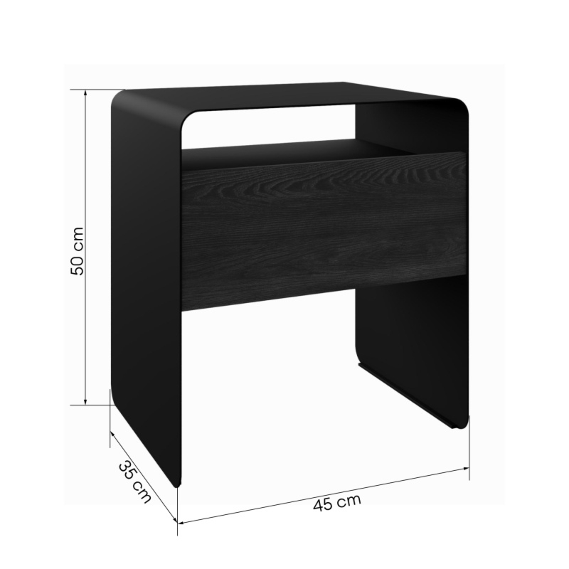 Stolik nocny z szufladą Mono, czarny, zaokrąglony