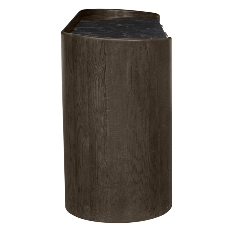 Komoda trzydrzwiowa Furlo, zaokrąglona, orzech, brązowy marmur, złote uchwyty