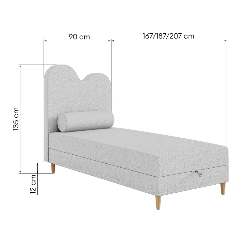 Image of Łóżko dziecięce boxspring z pojemnikiem Wave 160/180/200x90 cm, jasnoszare, welur