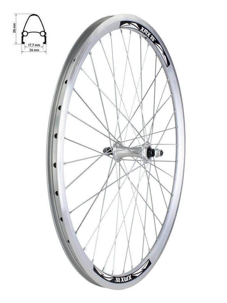 Koło przód 26″ obręcz stożkowa srebrna, piasta aluminiowa, nakrętki
