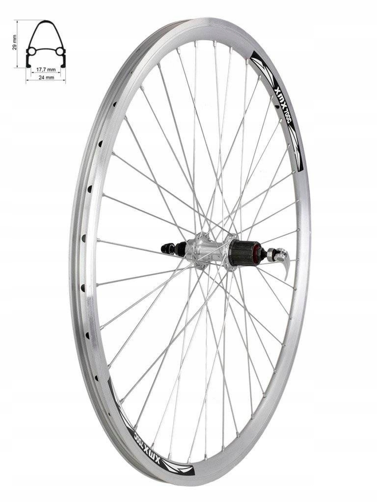 Koło tylne 28″ piasta XMX A281QR, kaseta 8-9-10 rzędów, łożyska maszynowe, obręcz stożkowa, srebrna