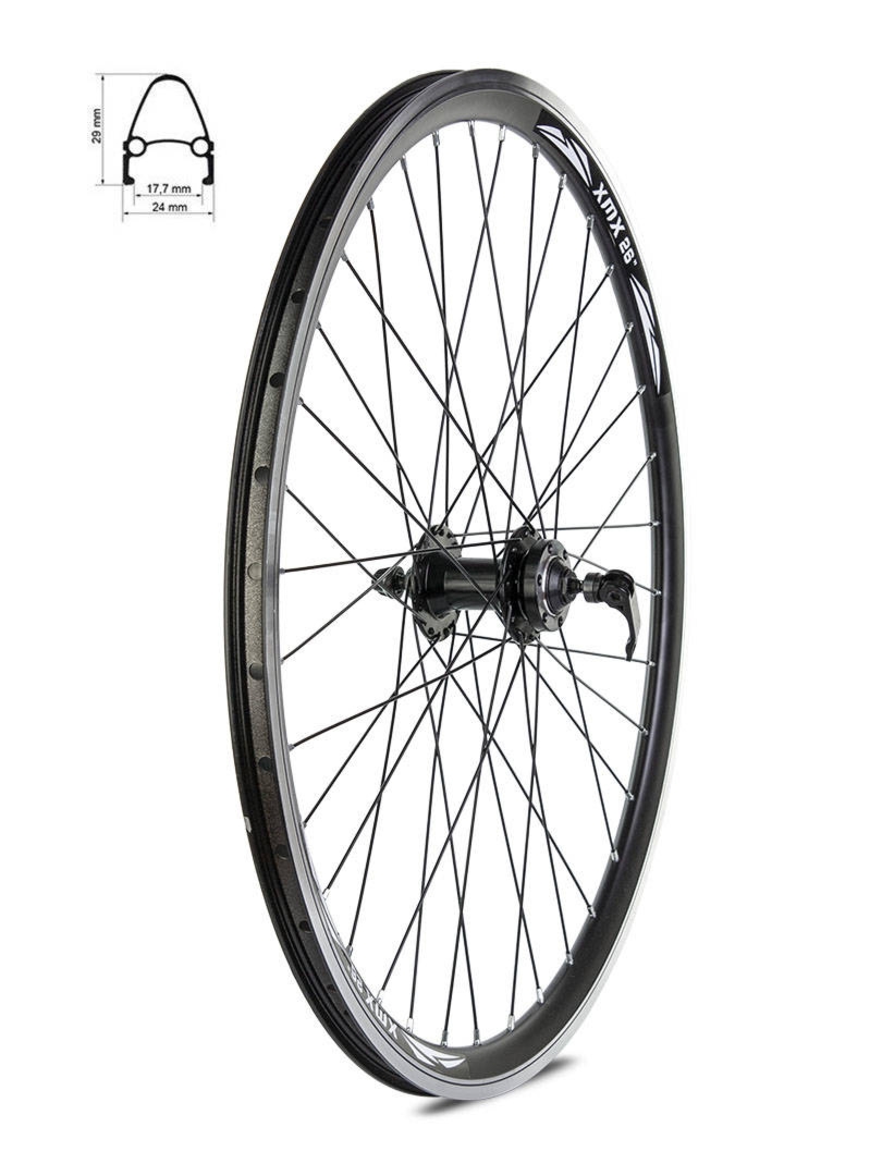 Koło przód 26″ piasta XMX-A282Q F łożyska maszynowe, hamulec tarczowy, obręcz stożek, szprychy czarne