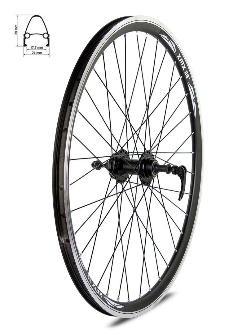 Koło tylne 26″ piasta XMX-A208QR łożyska maszynowe pod hamulec tarczowy na wolnobieg nakręcany obręcz stożek, szprychy czarne
