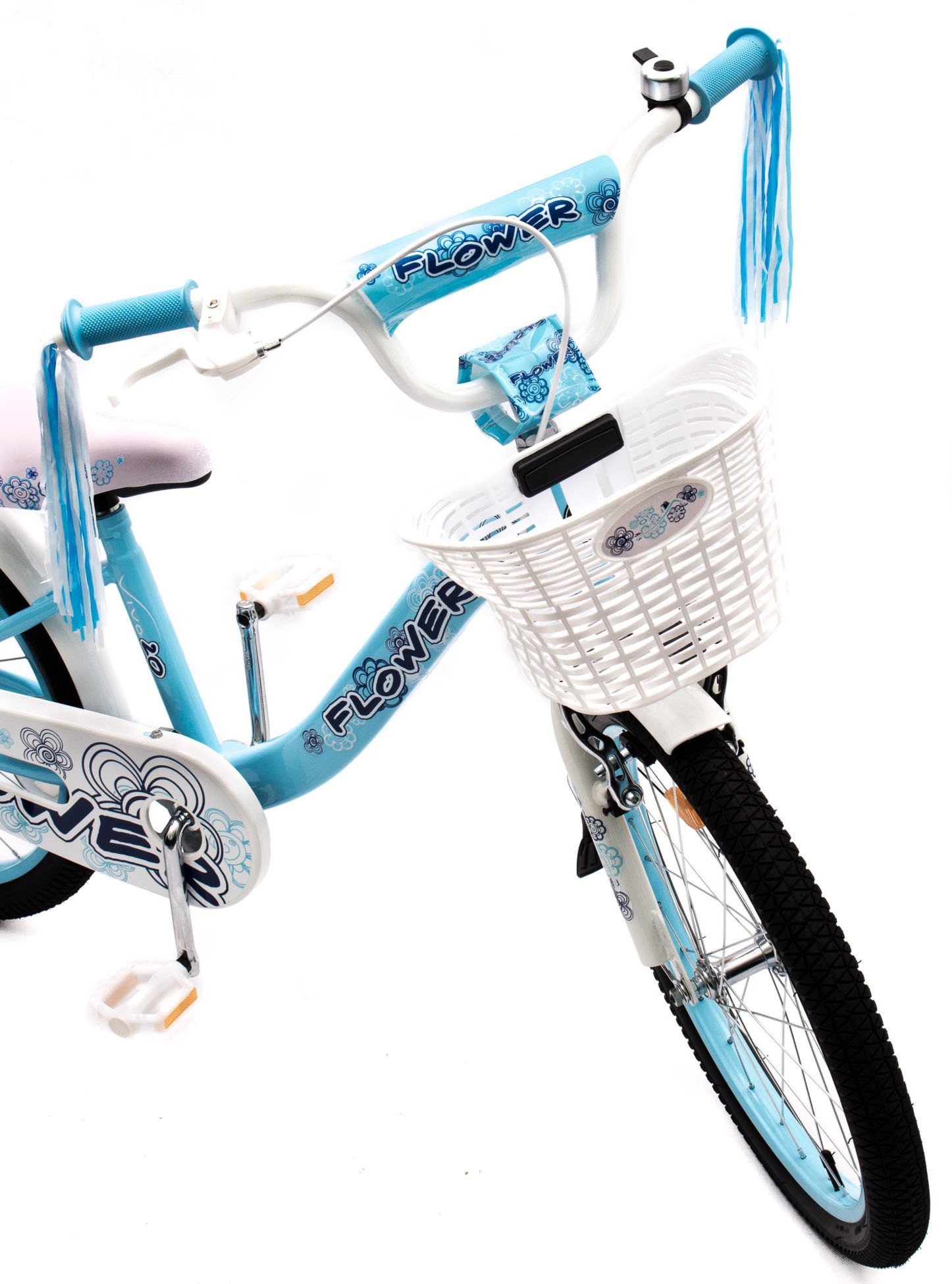 Rower dziecięcy FLOWER 20″ błękitno-biały – złożony