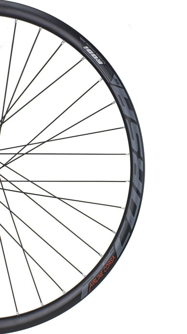 Koło przód 28″ obręcz Rodi Corsa, piasta XMX-282QF hamulec tarczowy, łożyska maszynowe, szprychy czarne