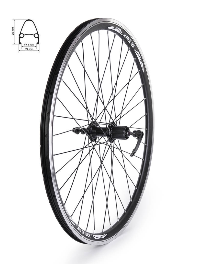 Koło tylne XMX 26″ piasta A281QR pod kasetę 8/9 -rzędów, łożyska maszynowe, obręcz stożek czarna, szprychy czarne