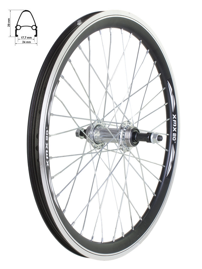 Koło rowerowe tylne 20″ – Obręcz stożkowa, Piasta stalowa pod wolnobieg – Czarne