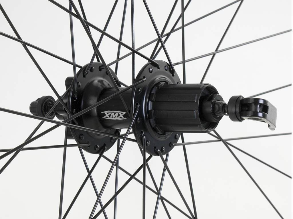 Koło tylne 26″ DISC piasta XMX-A291QR kaseta 8-9-10 rzędów, hamulec tarczowy, łożyska maszynowe uszczelniane, szprychy czarne
