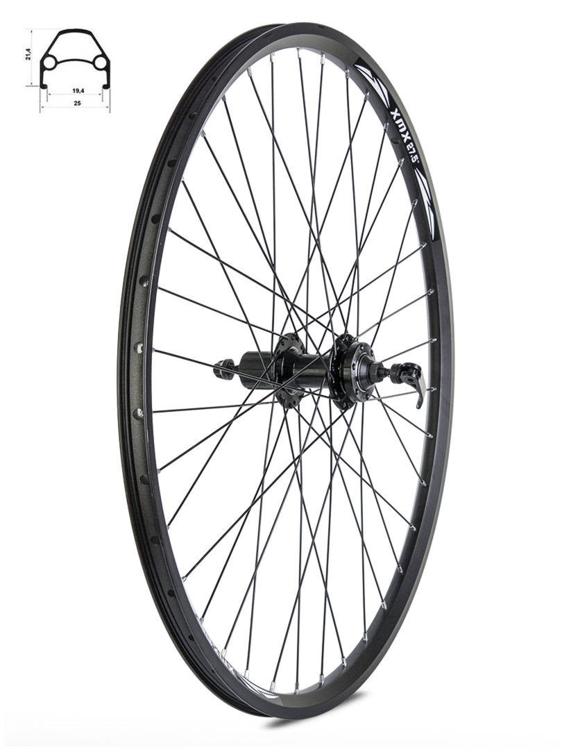 Koło tylne 27,5″ Disc piasta XMX A282QR kaseta 8-9-10 rzędów, hamulec tarczowy, łożyska maszynowe, obręcz nitowana YKL-D23 czarna, szprychy czarne
