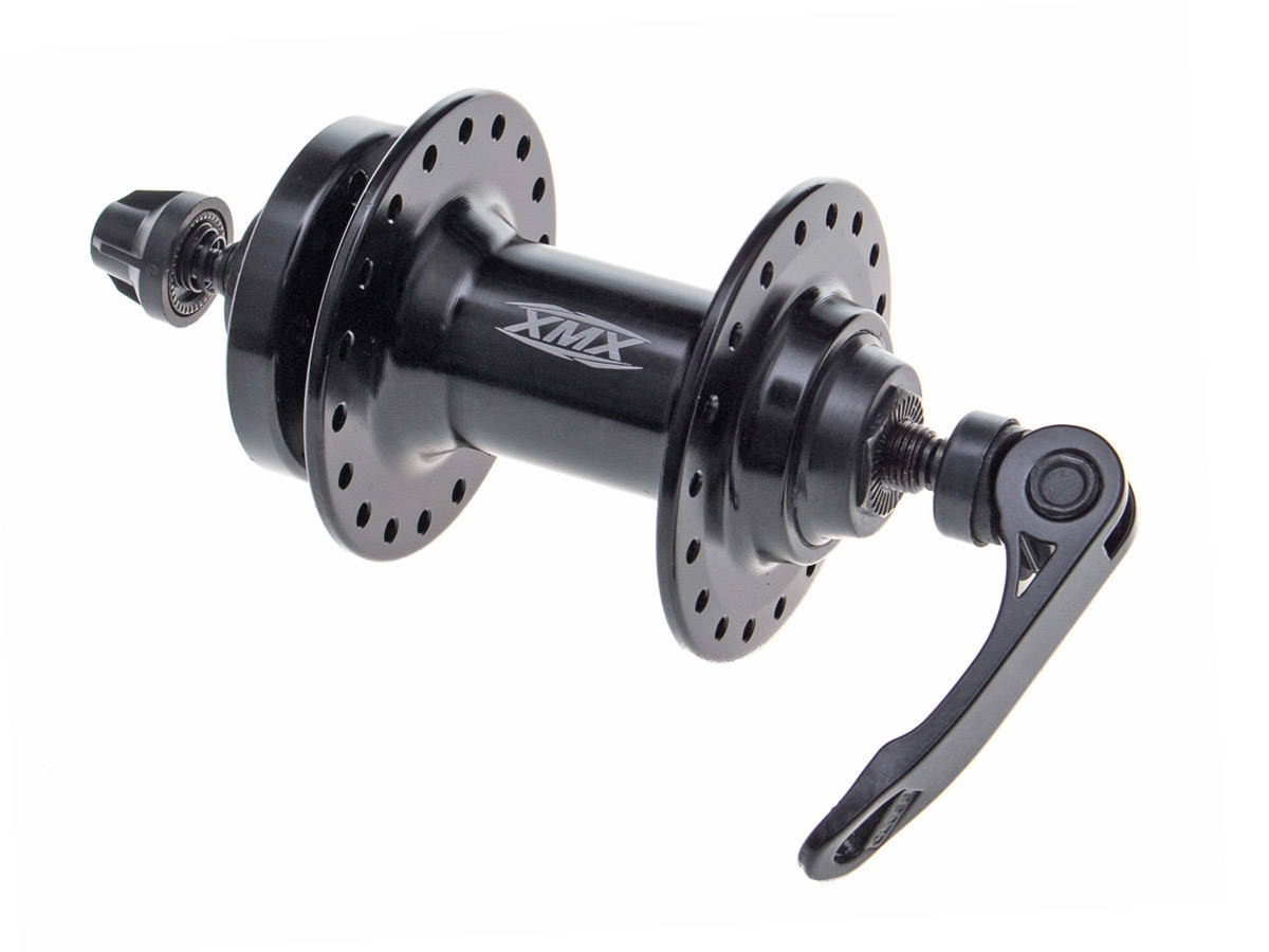 Piasta aluminiowa przednia XMX A282QF 36-otworów, QR, hamulec tarczowy, 3/8″ 14G*36H*100*108, łożyska maszynowe ,oś CR-Mo, czarna