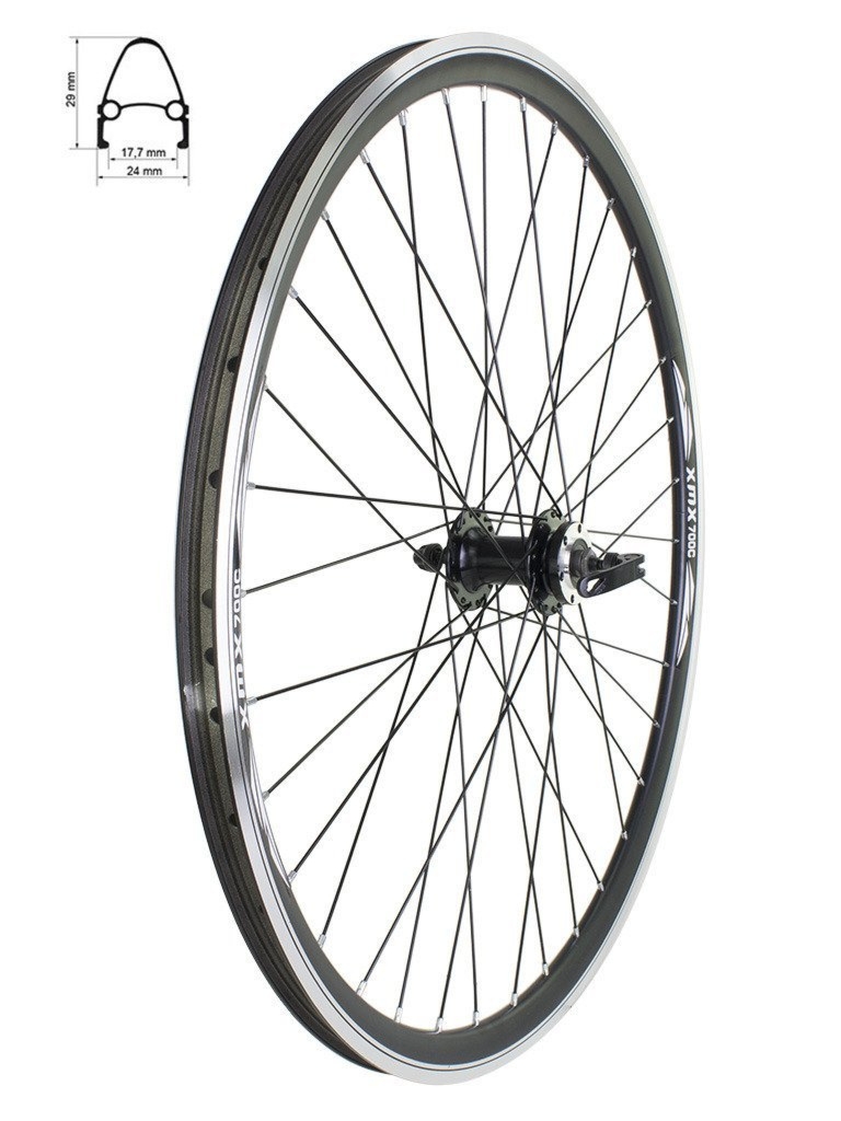 Koło przód 28″ piasta na łożyskach maszynowych SF-B07 QR czarna pod hamulec tarczowy na 6 śrub, obręcz stożek, szprychy czarne