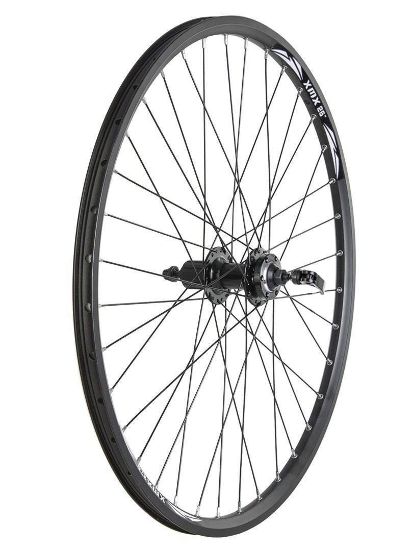 Koło aluminiowe tylne 26″ DISC piasta XMX-A282QR kaseta 8-9-10 rzędów, hamulec tarczowy, łożyska maszynowe uszczelniane – czarne