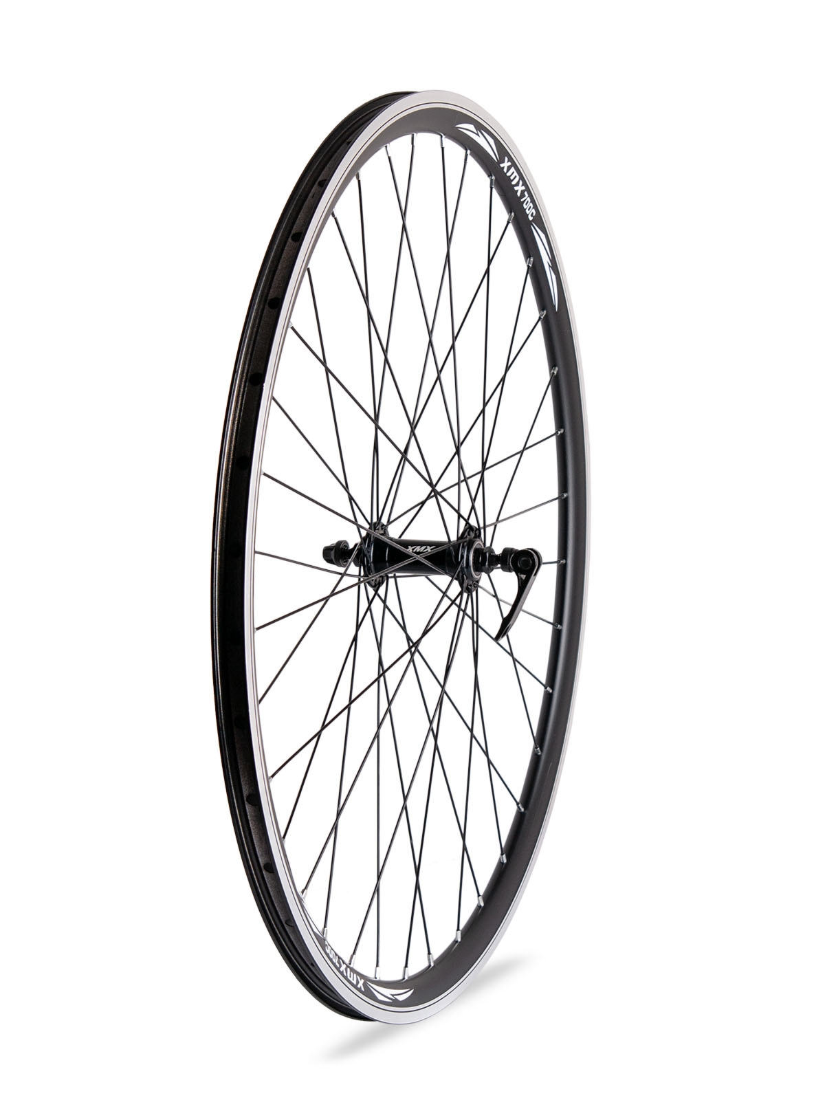 Koło przód 28″ piasta XMX-A281Q F łożyska maszynowe, obręcz stożkowa czarna, szprychy czarne