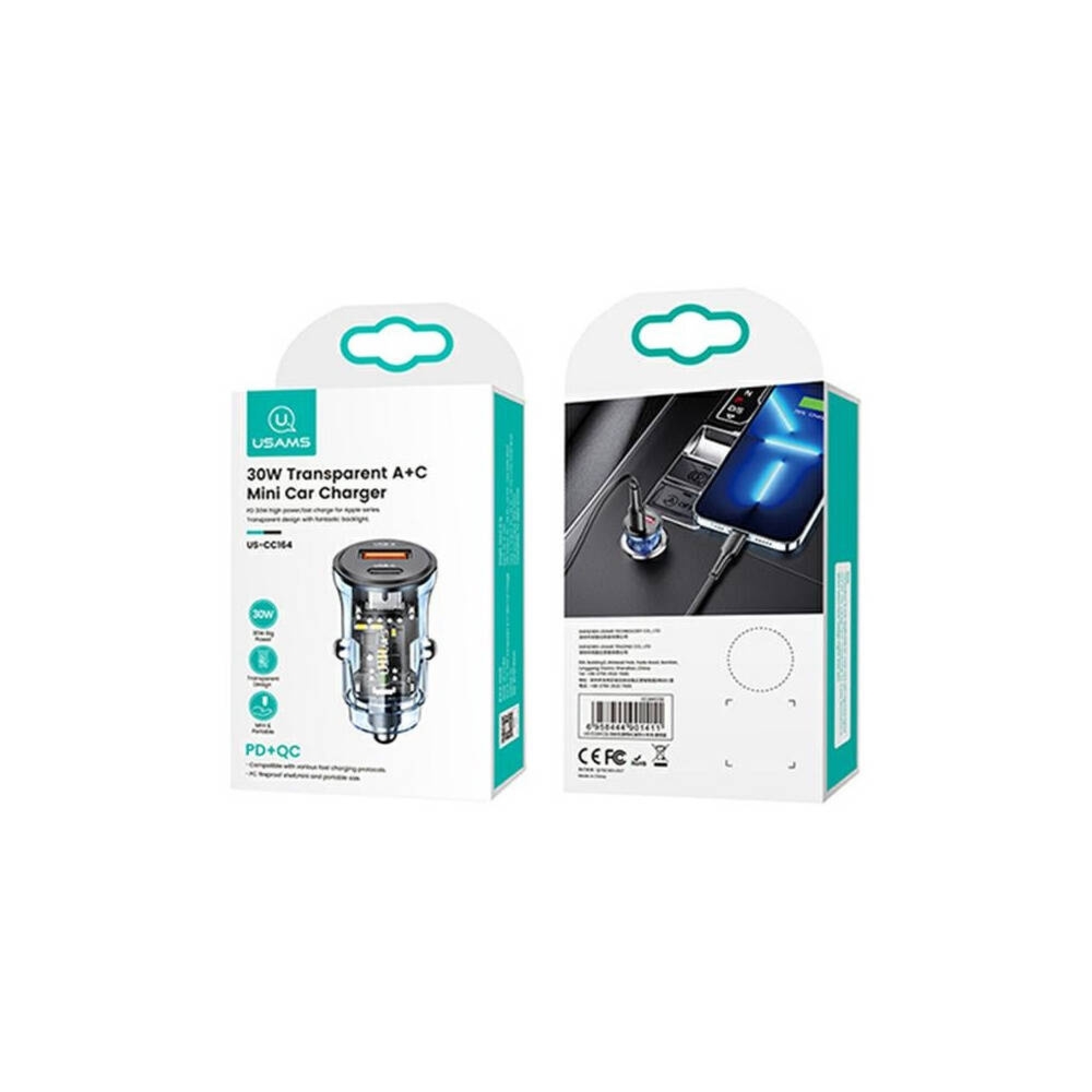 Ładowarka samochodowa Usams CC164CC02 (US-CC164) 1xUSB+1xUSB-C C32 30W Fast Charge niebieski/blue