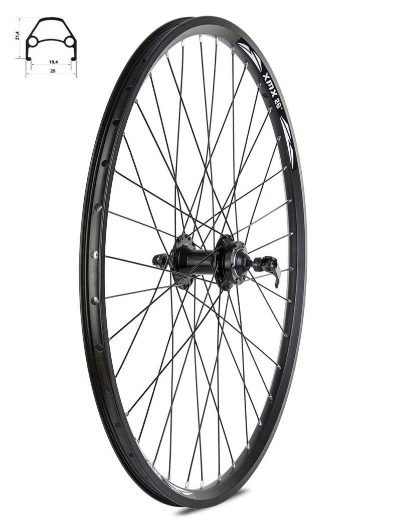 Koło przód 26″ DISC piasta XMX-A282QF na łożyskach maszynowych, hamulec tarczowy, aluminiowa obręcz czarna, szprychy czarne