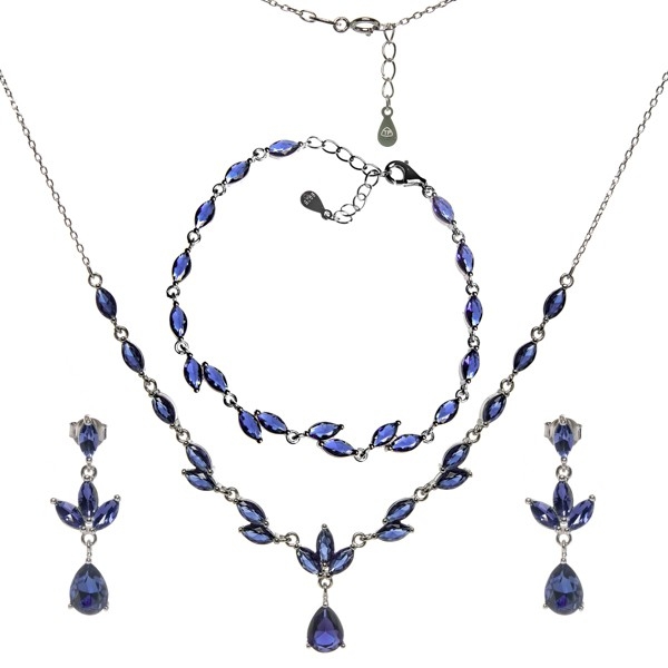Biżuteria srebrna komplet z niebieskimi szafirowymi cyrkoniami