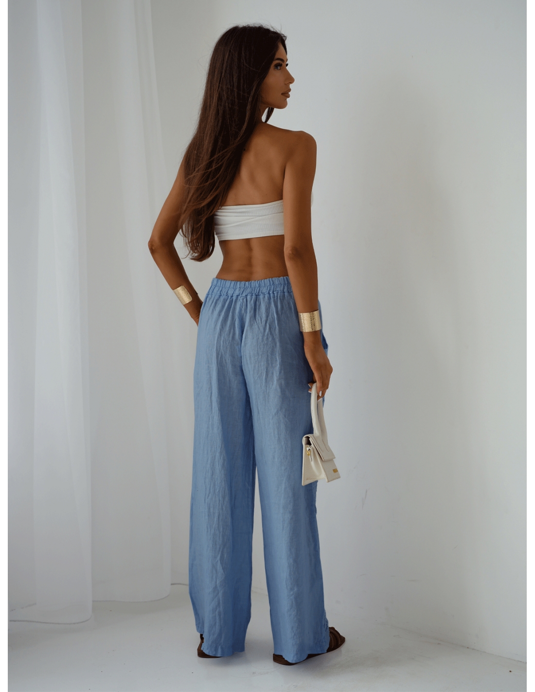 Stylowe lniane spodnie z szerokimi nogawkami ARIELLE - niebieskie