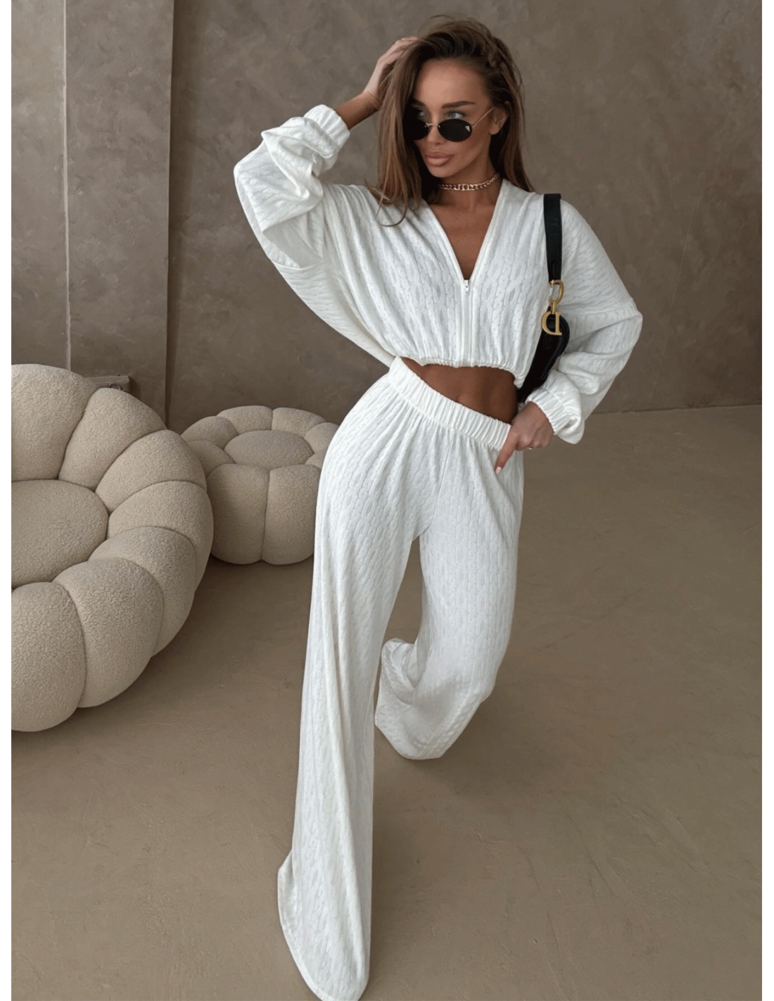 Stylowy komplet z plecionej dzianiny KIKI - ecru