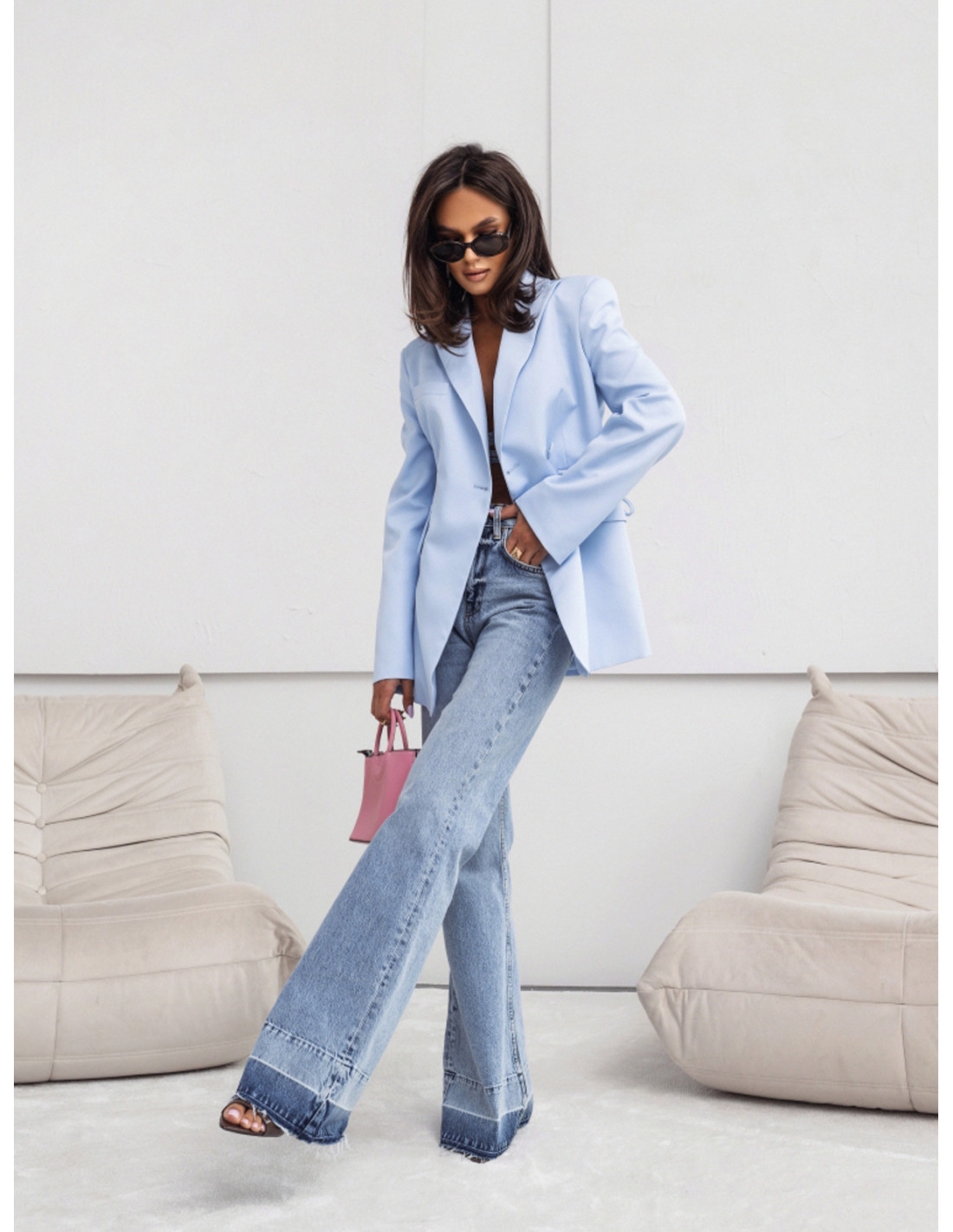 WP  taliowana marynarka z wiązaniem - błękitna