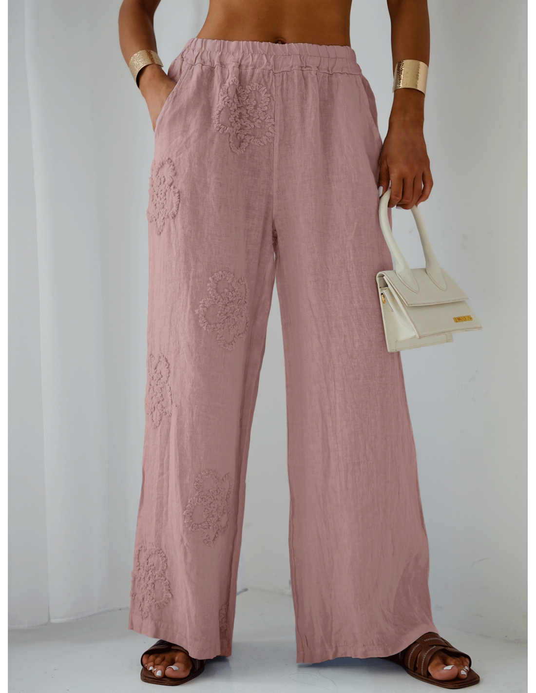 Stylowe lniane spodnie z szerokimi nogawkami ARIELLE - brudny róż