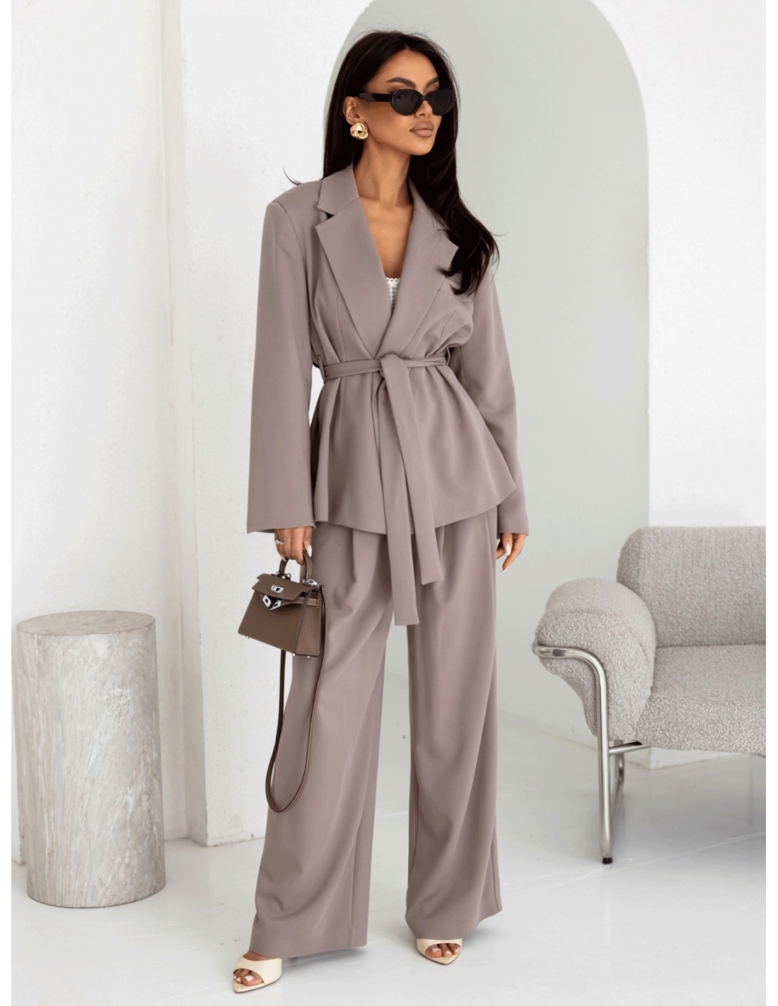 Eleganckie spodnie z szerokimi nogawkami ALAIA - mocca