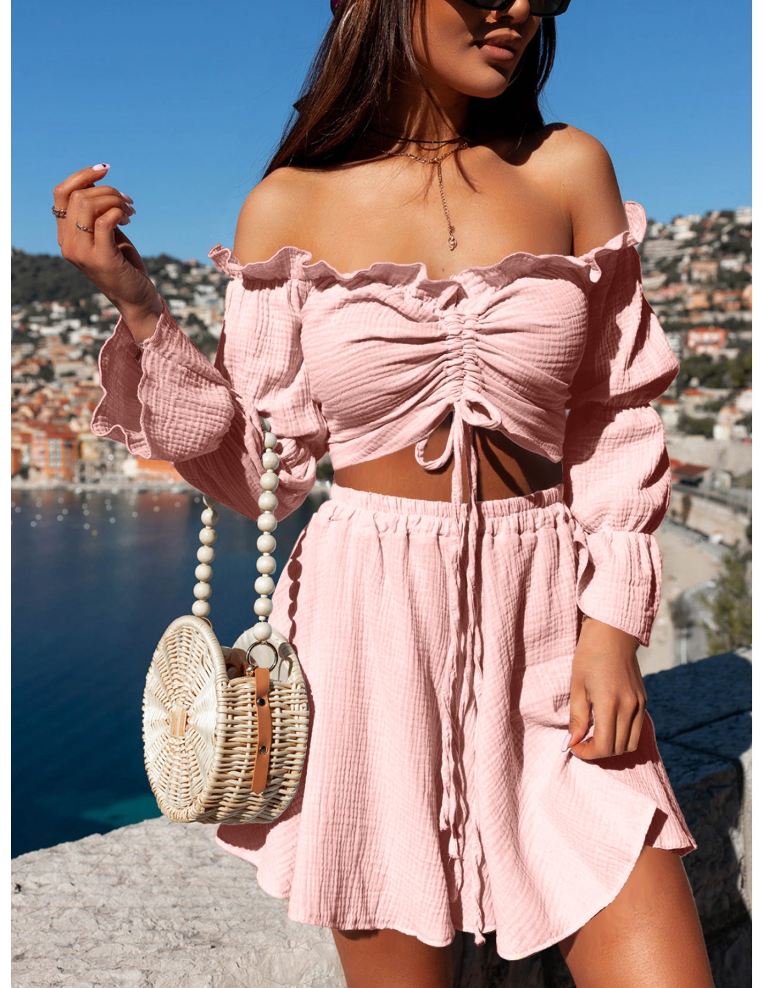 Muślinowy komplet bluzka i spodenki - KORSO - pudrowy róż