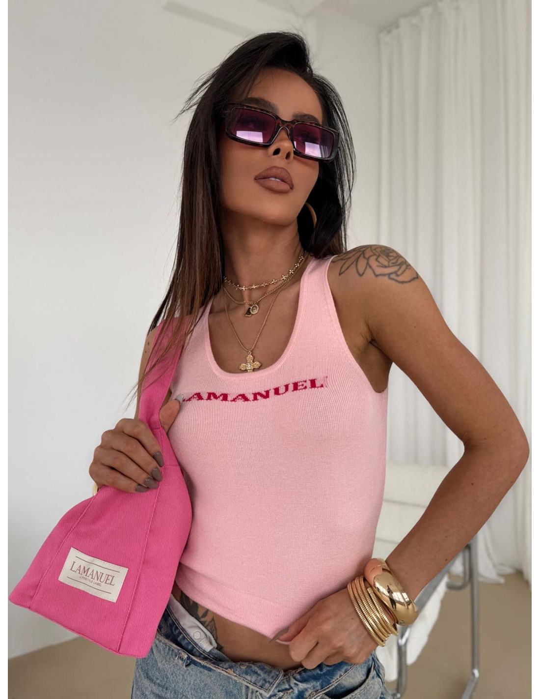 Dzianinowy top na ramiączkach RAVELLA - pudrowy róż