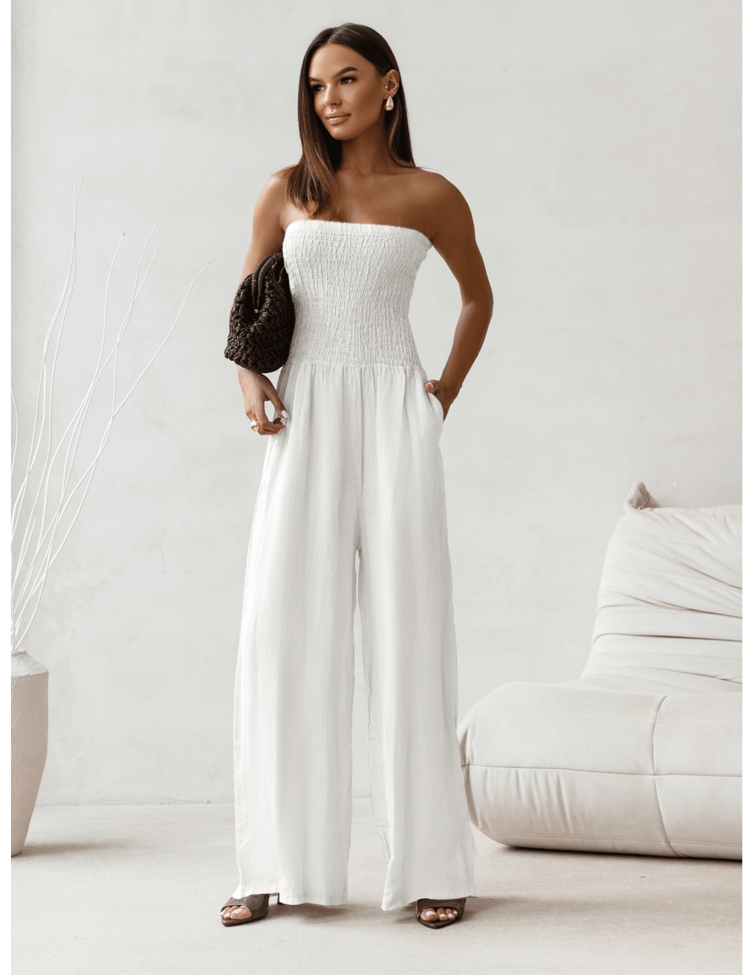 Lniany kombinezon z szerokimi nogawkami MALIA - biały