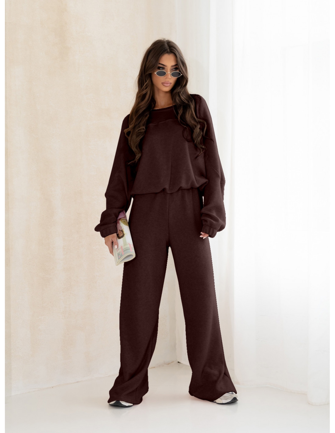 Komplet dzianinowy z szerokimi spodniami MILENA - czekoladowy