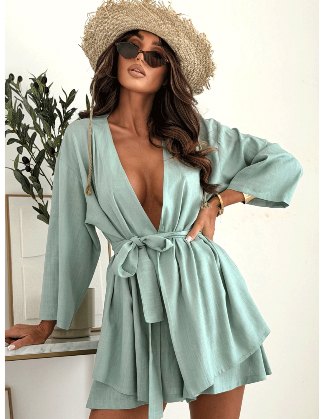Bawełniany komplet 2w1 kimono i spodenki WYNNE – matcha