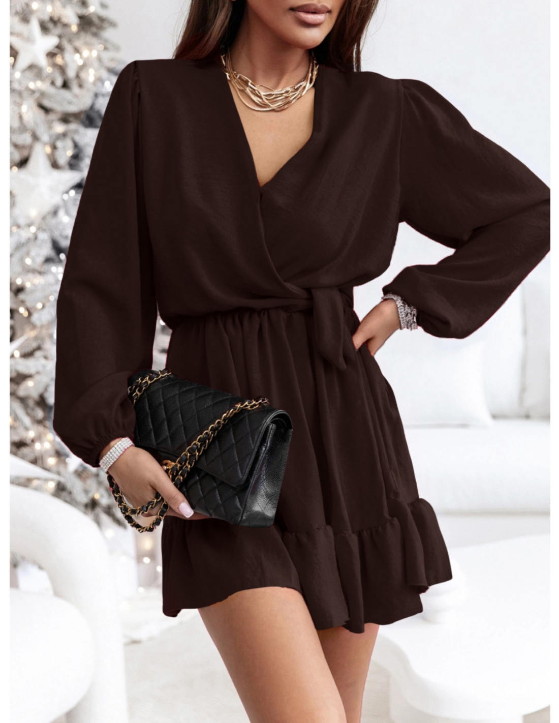 Rozkloszowana sukienka z falbanką - KALIFORNIA - czekoladowa