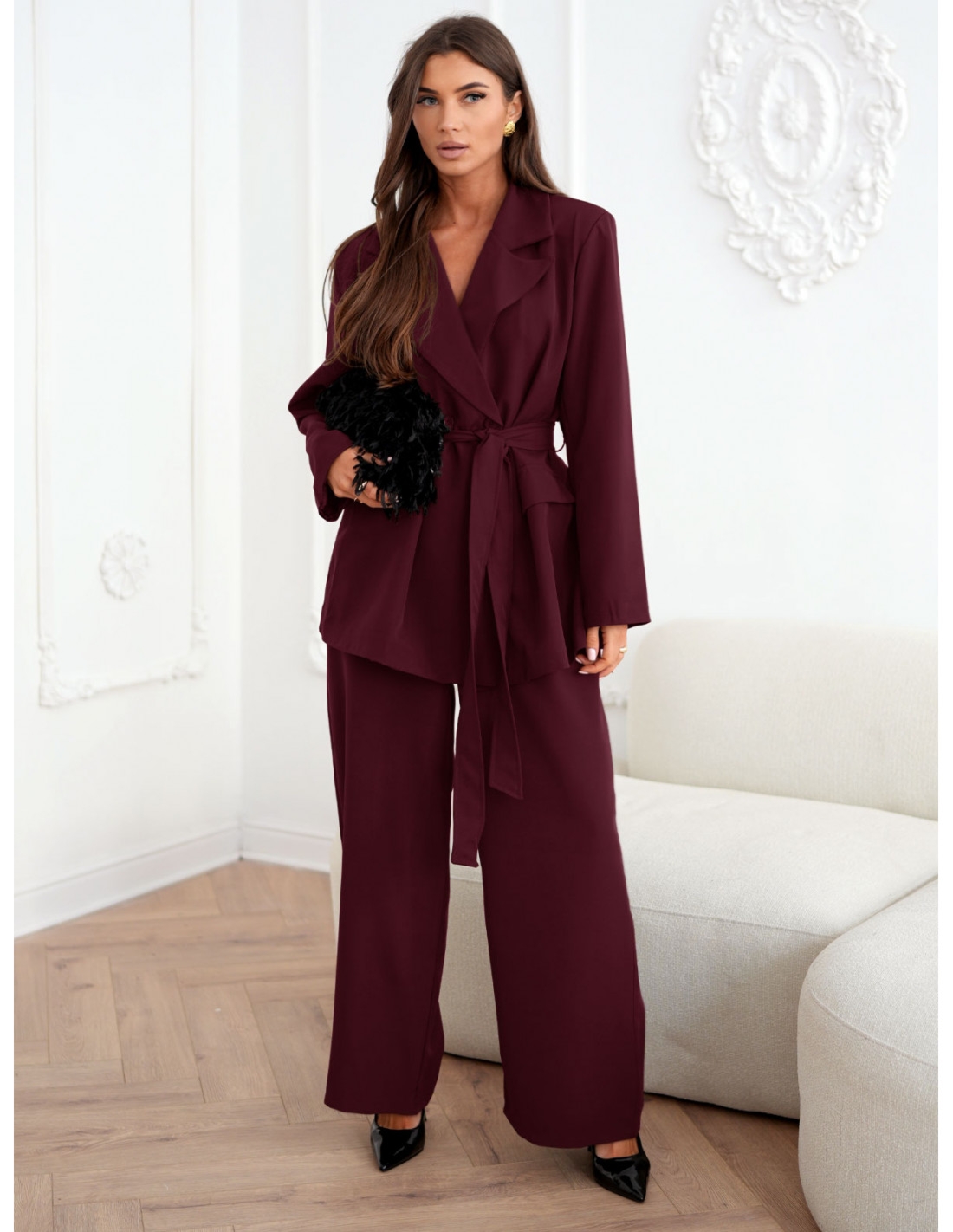 Stylowy garnitur marynarka i spodnie ROWAN - bordowy