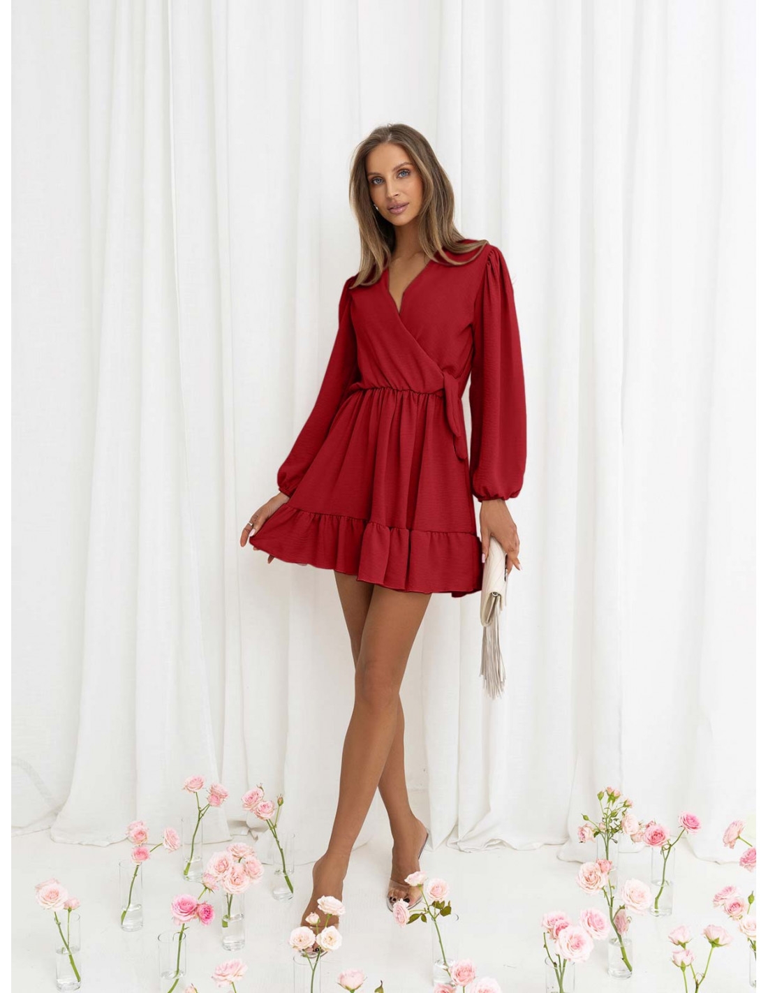 Rozkloszowana sukienka z falbanką - KALIFORNIA - czerwona