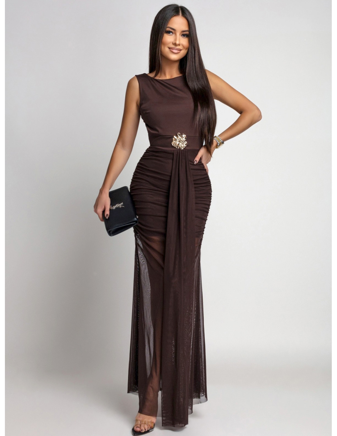 Sukienka maxi z tiulowym dołem CHANTAL - czekoladowa