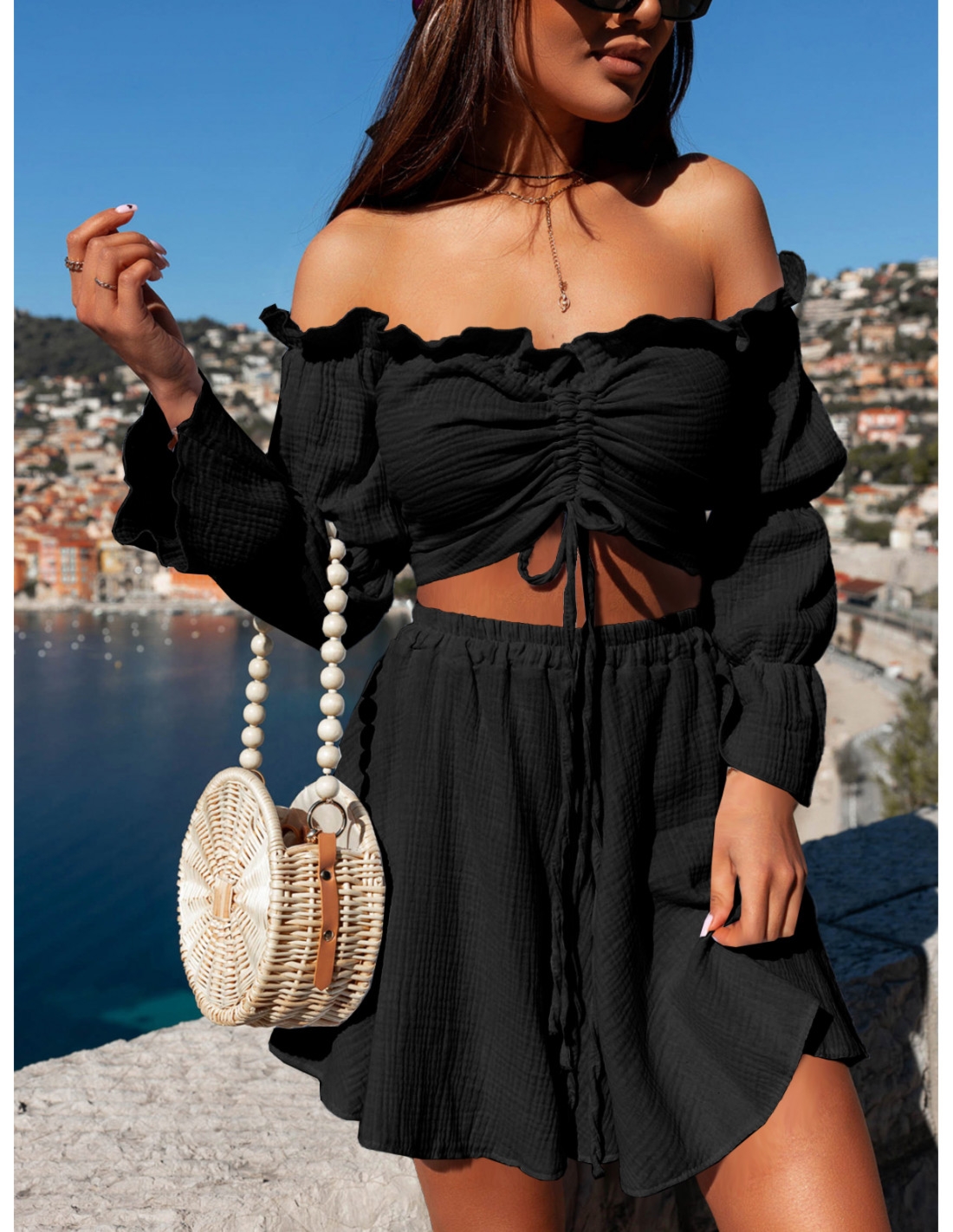 Muślinowy komplet bluzka i spodenki - KORSO - czarny