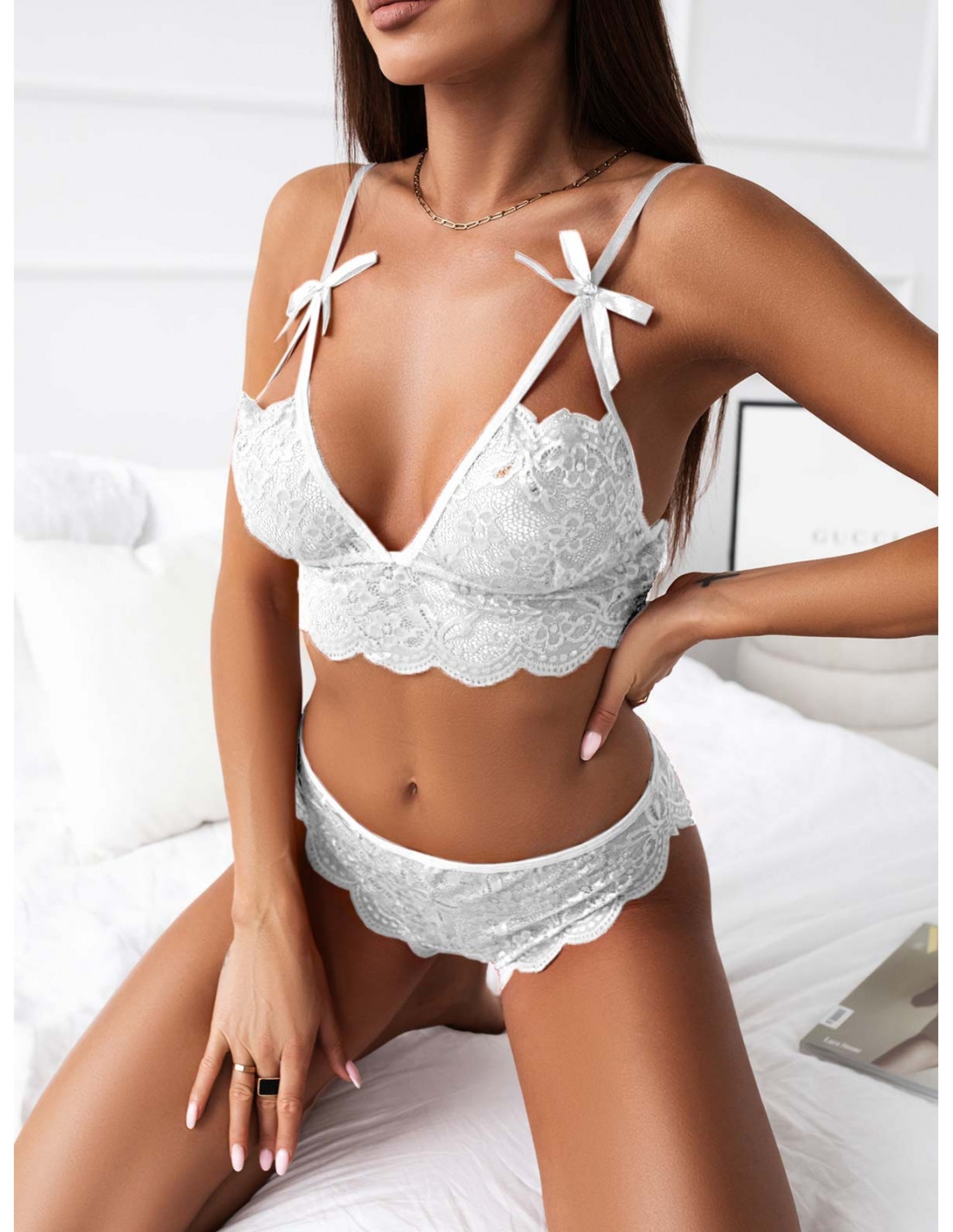 Seksowny komplet bielizny z kokardkami - NEPALA - biały