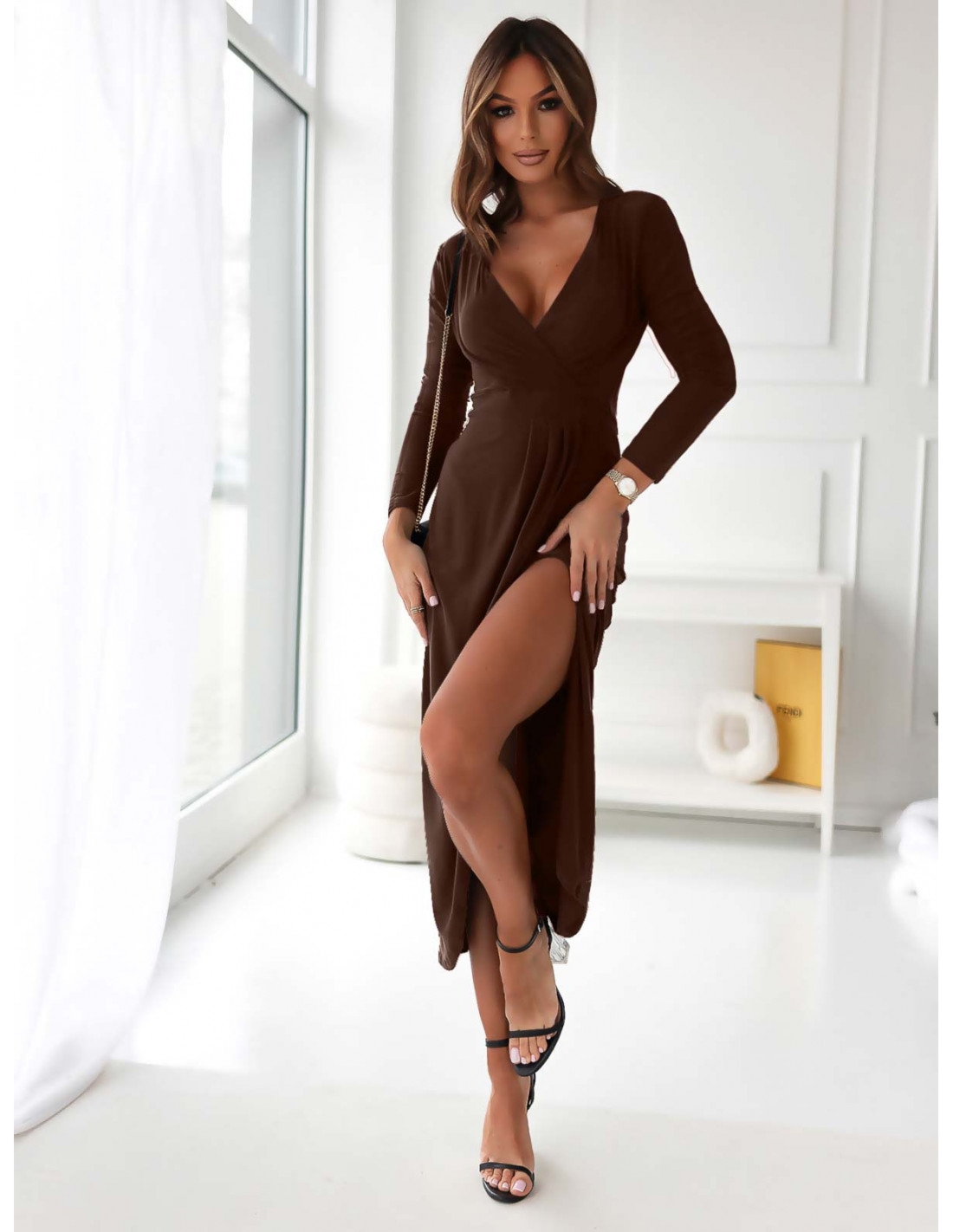 Wizytowa midi sukienka z długim rękawem ELISSA - czekoladowa