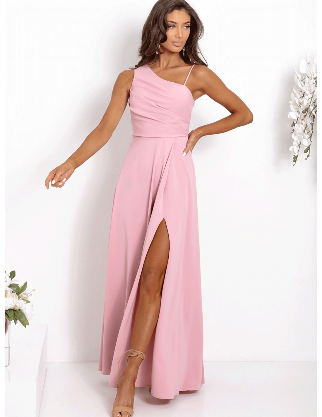 Elegancka sukienka maxi na jedno ramię MONAKO - brudny róż