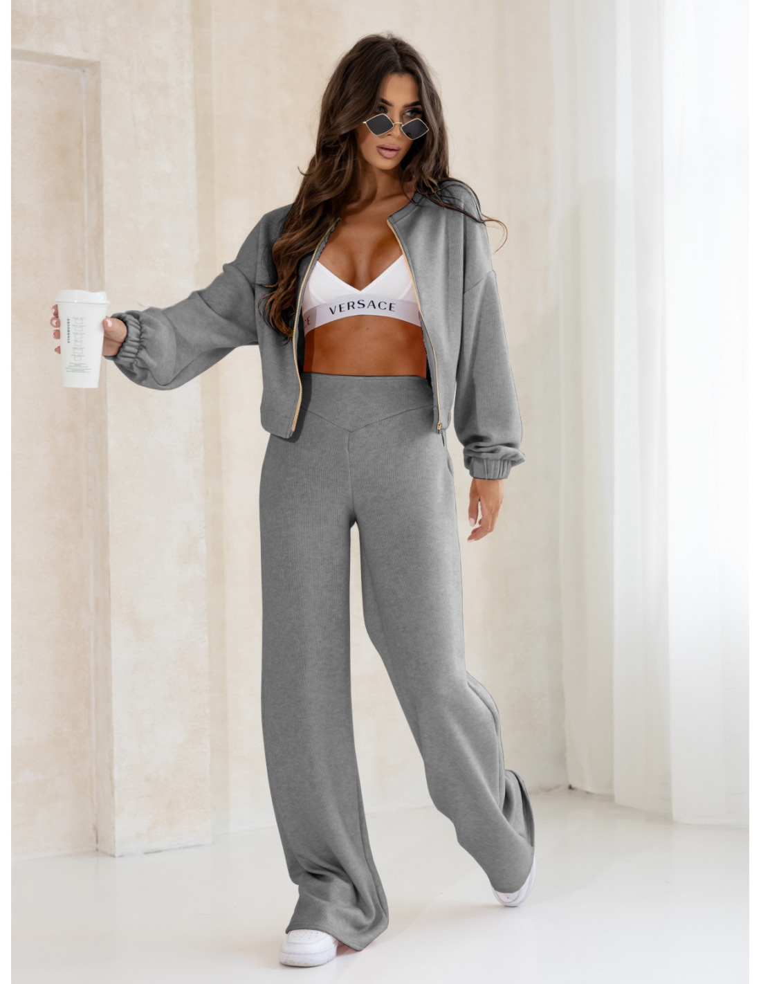 WP Komplet dzianinowy z szerokimi spodniami - szary