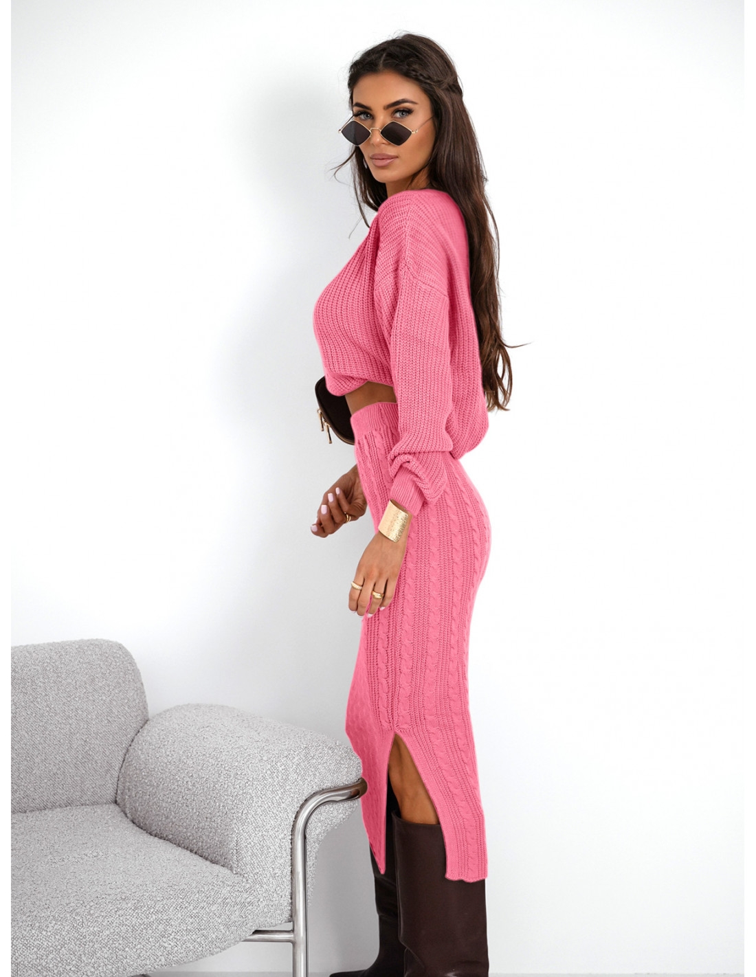 Komplet dzianinowy ze spódnicą XANTI - pudrowy róż