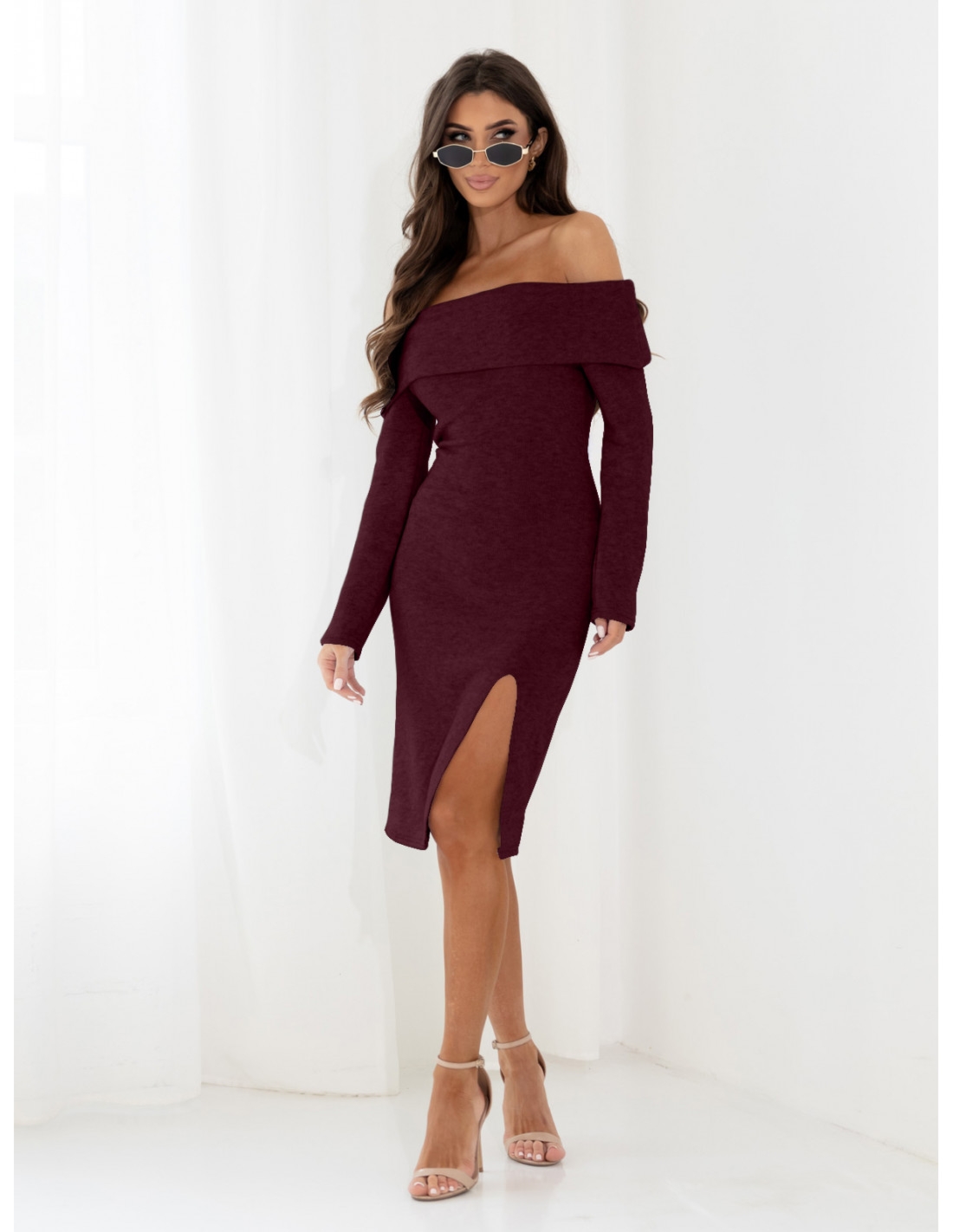 Dzianinowa sukienka hiszpanka MARCELINE - bordowa