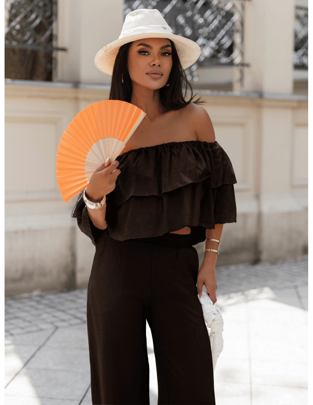 Lniany komplet crop top ze spodniami LETICIA – czekoladowy