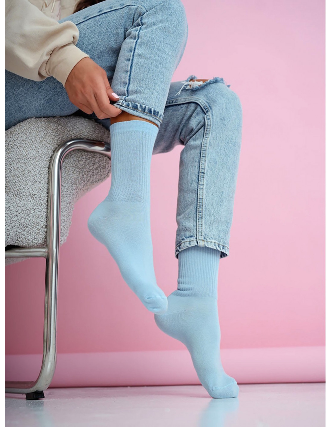 Skarpetki damskie gładkie w prążek - niebieskie
