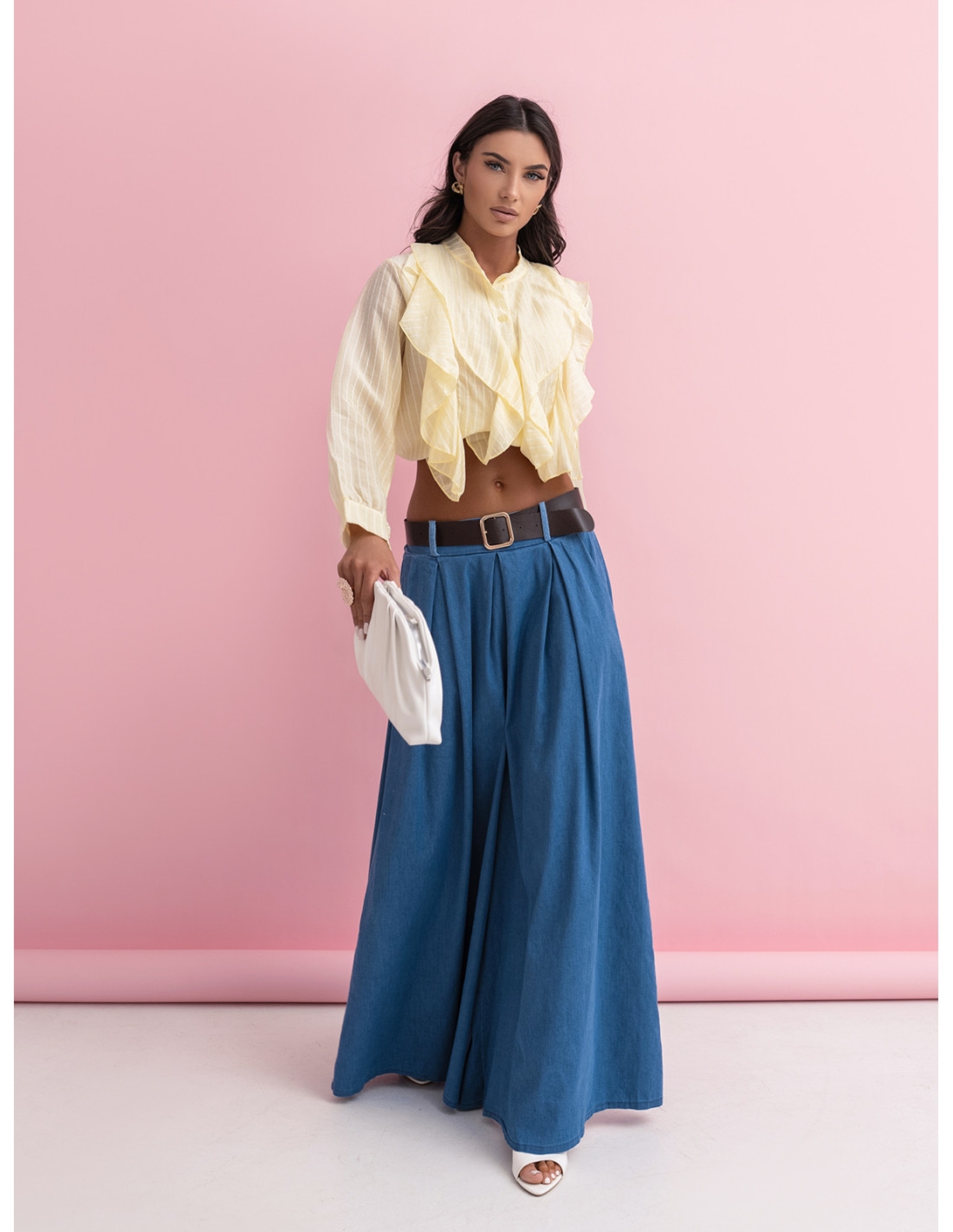 Bawełniane spodnie palazzo denim JAEL - niebieskie