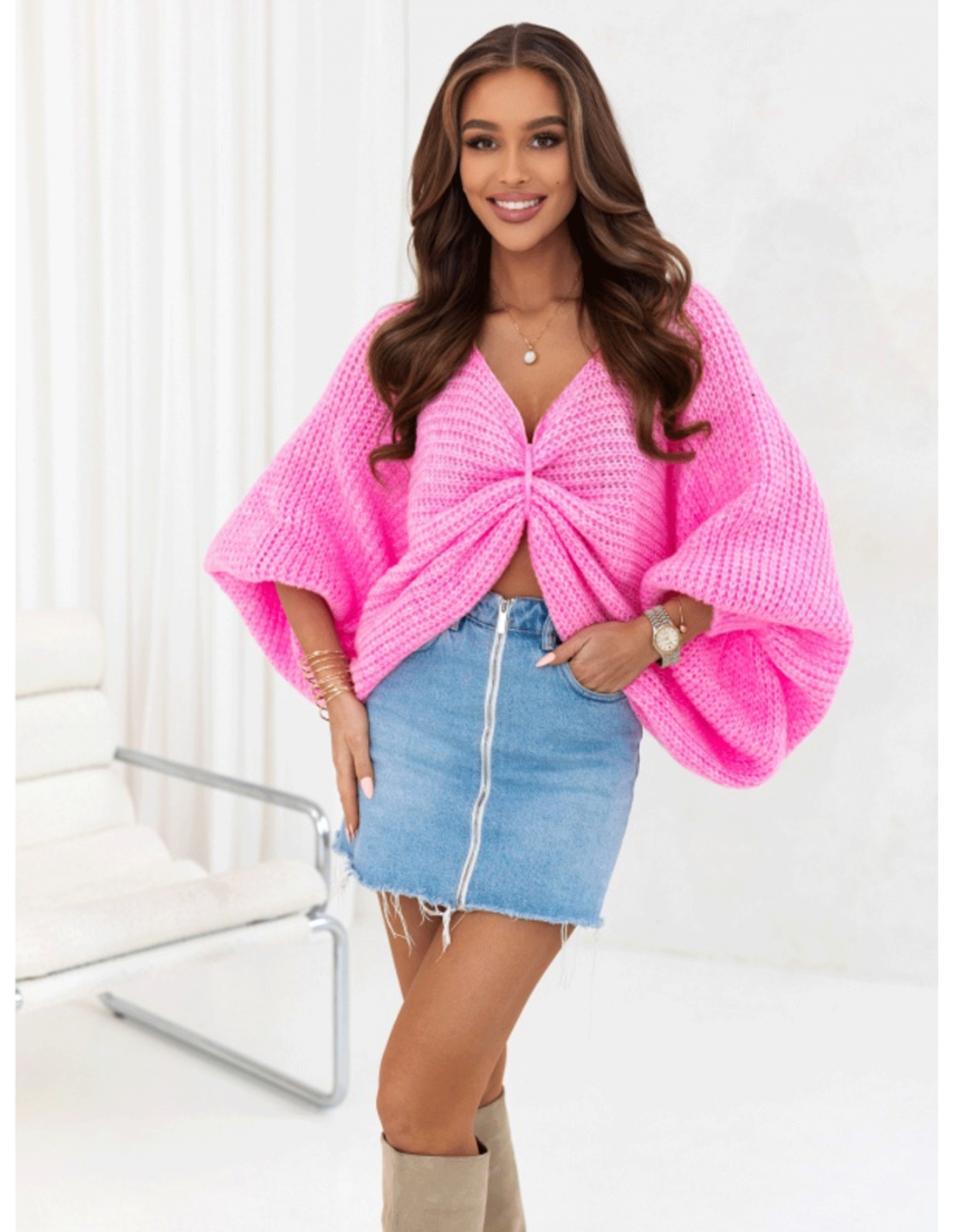 Marszczony sweter z wełną CADDY - różowy