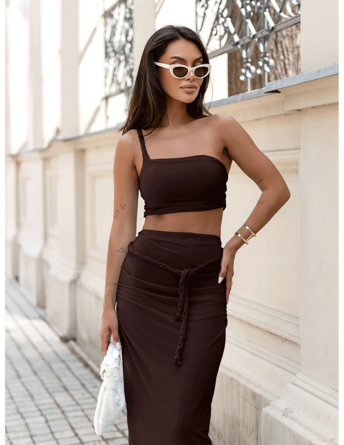 Komplet 2w1 crop top z długą spódnicą ERIA – czekoladowy