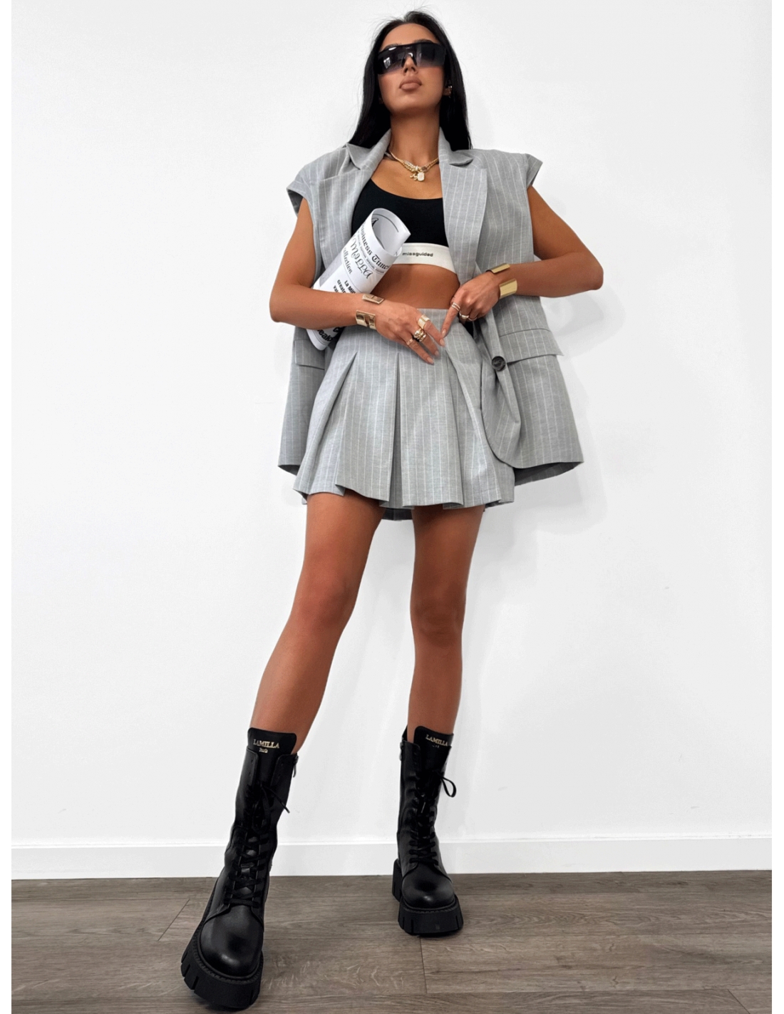 Plisowane spódnico-spodenki w paski LUIKA - szare